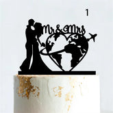 Mr & Mrs Travel Wedding Cake Topper World Map Bride Groom Acrylic Wood Voyage Wedding Theme Couples Anniversary Party Decoration
