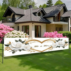 VIKAMA Mr & Mrs Wedding Banner, White Rose Gold Heart Backdrop, Bridal Shower Engagement Party Decor, Outdoor Garden Yard Sign