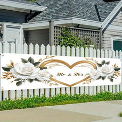 VIKAMA Mr & Mrs Wedding Banner, White Rose Gold Heart Backdrop, Bridal Shower Engagement Party Decor, Outdoor Garden Yard Sign