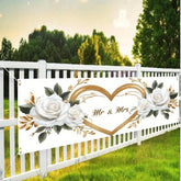 VIKAMA Mr & Mrs Wedding Banner, White Rose Gold Heart Backdrop, Bridal Shower Engagement Party Decor, Outdoor Garden Yard Sign