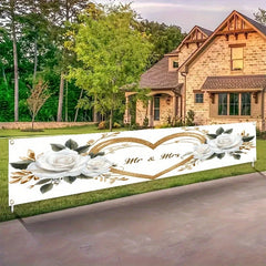 VIKAMA Mr & Mrs Wedding Banner, White Rose Gold Heart Backdrop, Bridal Shower Engagement Party Decor, Outdoor Garden Yard Sign