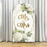 Single Side Arch Backdrop Cover Elegant White Arched Wedding Background with Gold Mr Mrs Calligraphy and Floral Arrangements