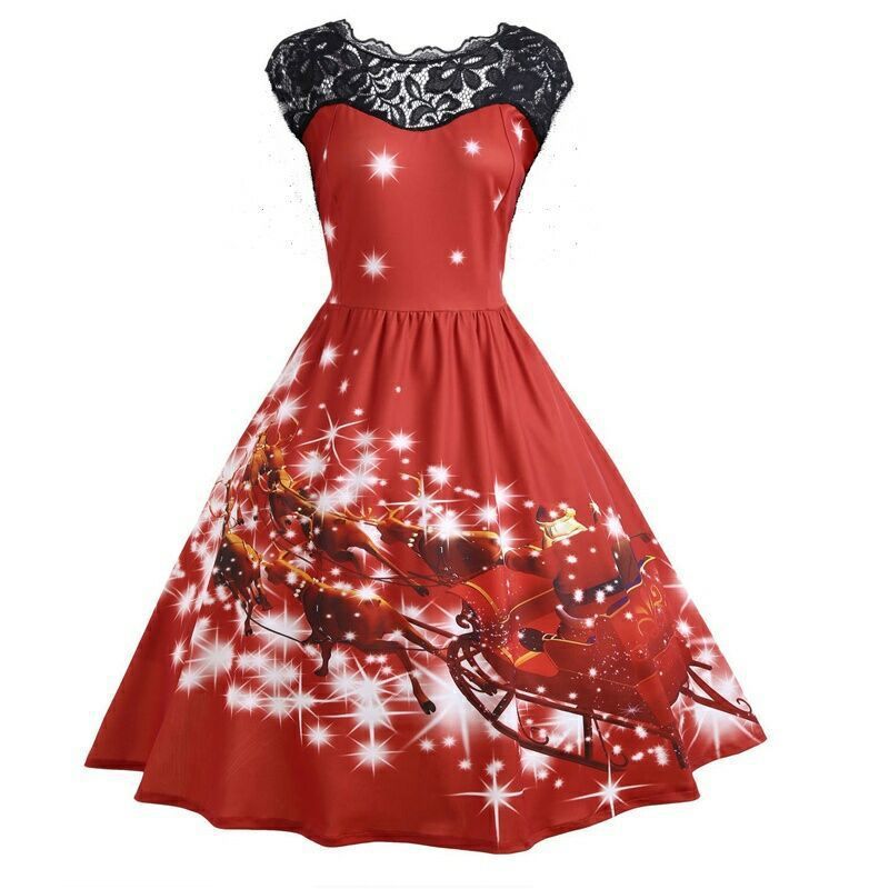 Christmas Lace Print Fashion Dress