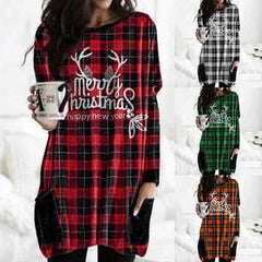 Autumn Christmas Check Print Long Sleeve T-shirt