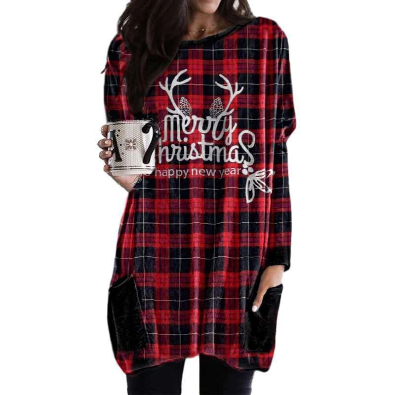 Autumn Christmas Check Print Long Sleeve T-shirt