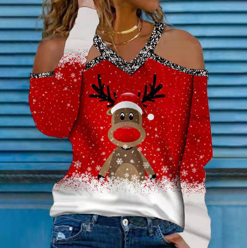 Christmas Elements V Neck Long Sleeved T Shirt Women's Bottoming Shirt