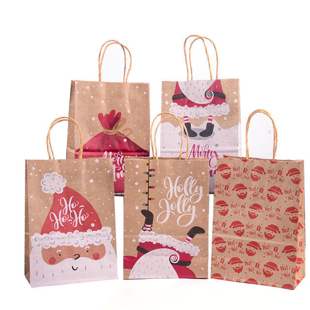 Christmas Kraft Paper Gift Bags Set of 5