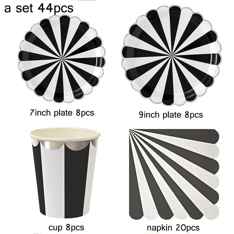 44pcs/set Multicolor Stripe Gold Foil Disposable Tableware Plate Cup Napkin Christmas New Year Birthday Party Decor Supplies