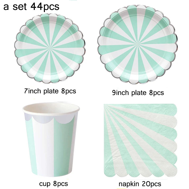 44pcs/set Multicolor Stripe Gold Foil Disposable Tableware Plate Cup Napkin Christmas New Year Birthday Party Decor Supplies