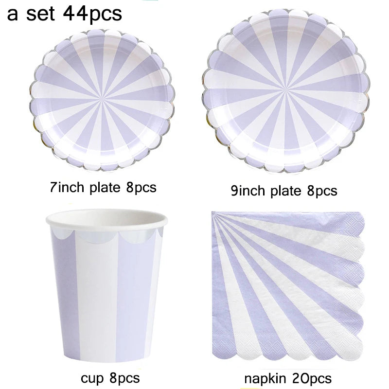 44pcs/set Multicolor Stripe Gold Foil Disposable Tableware Plate Cup Napkin Christmas New Year Birthday Party Decor Supplies
