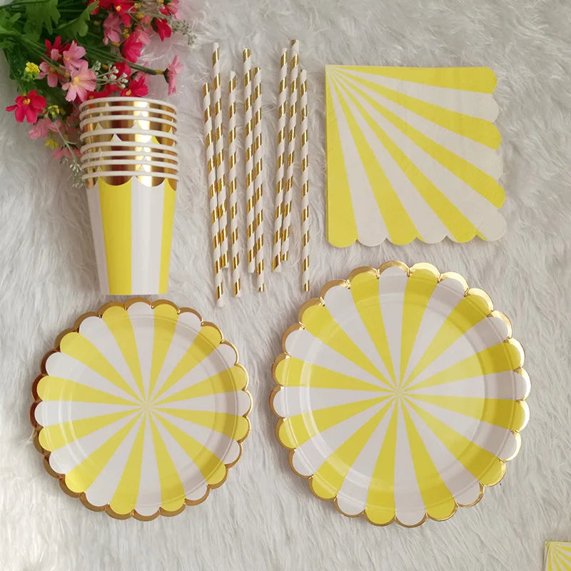 44pcs/set Multicolor Stripe Gold Foil Disposable Tableware Plate Cup Napkin Christmas New Year Birthday Party Decor Supplies