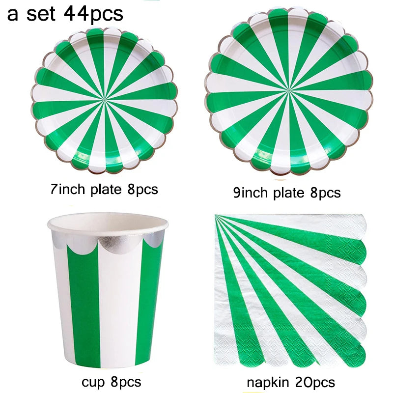 44pcs/set Multicolor Stripe Gold Foil Disposable Tableware Plate Cup Napkin Christmas New Year Birthday Party Decor Supplies