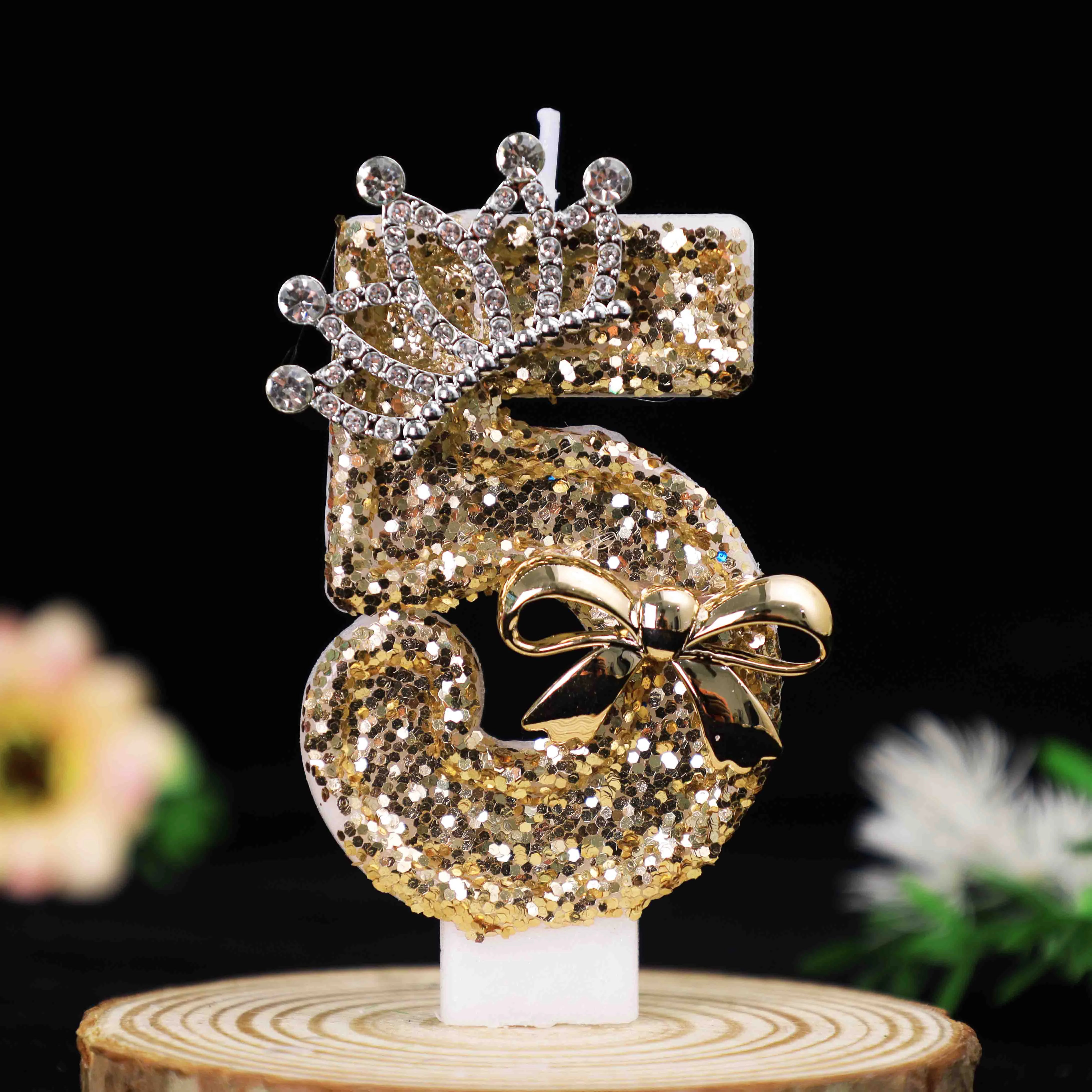 Luxury Gold Glitter Crown Number Birthday Candles, Rhinestone Bow Cake Topper, Atmosphere Decor for Party, Wedding, 18th Birthda