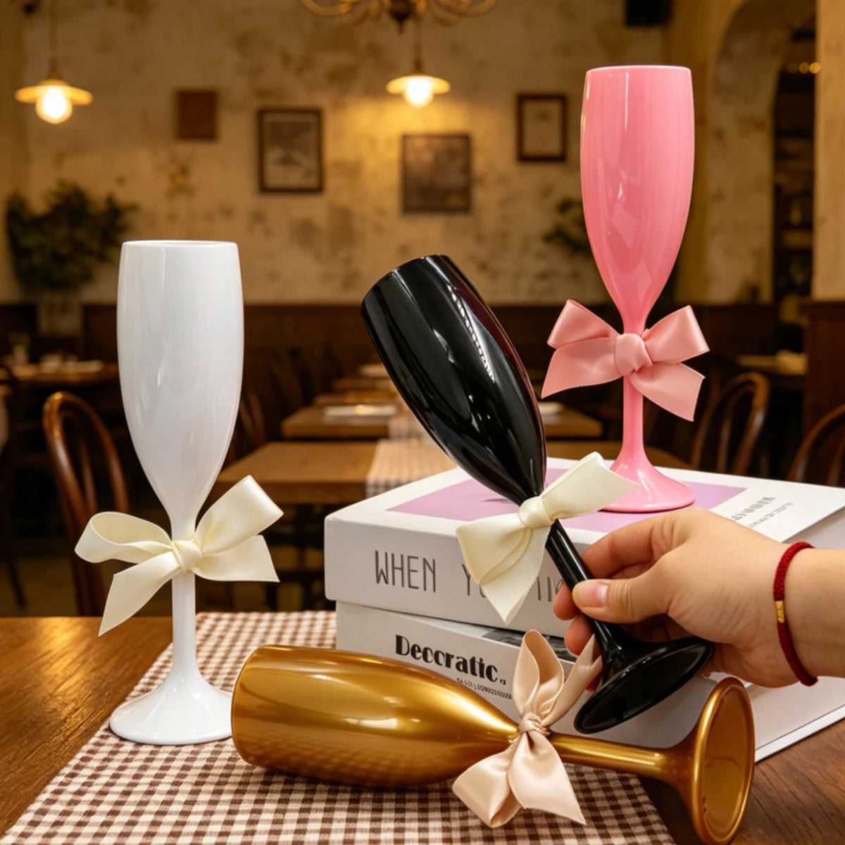 Colorful Bow Champagne Flute Cups Reusable Acrylic Wine Glasses for Birthday Bachelorette Engagement