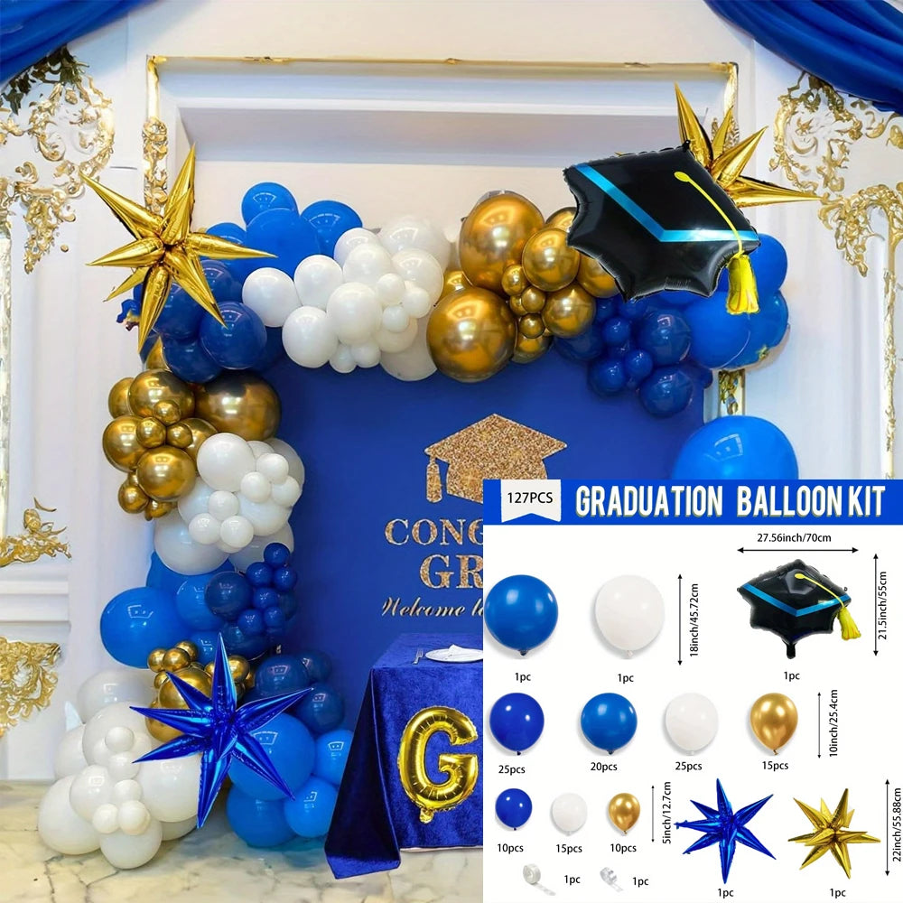 127pcs Royal Blue Gold Graduation Balloon Wreath Arch Set with Graduation Hat 2024 Graduation Ball Birthday Party Decoration
