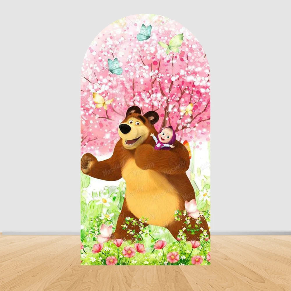 Children's Birthday Theme Arch Backdrop Girl and Bear Baby Shower Party Decor Kids Baptism Photo Photography Background Supplies