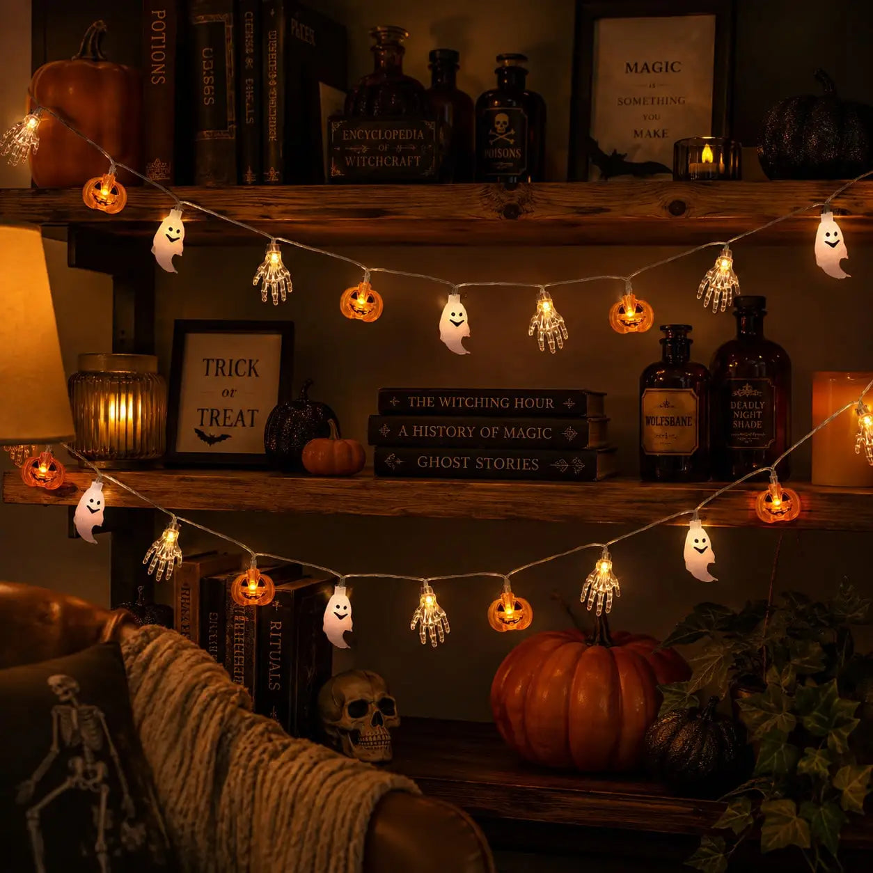 1pc 10/20/40 LED Halloween Pumpkin Ghost Skeleton Hand String Lights Battery Powered Fairy Lights For Home Party House Decor