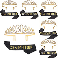 Birthday Tiara Crown Sash Women Girls 30Th 40Th 50Th 60Th 70Th 80Th Fabulous Happy Birthday Party Decoration Favor Gifts