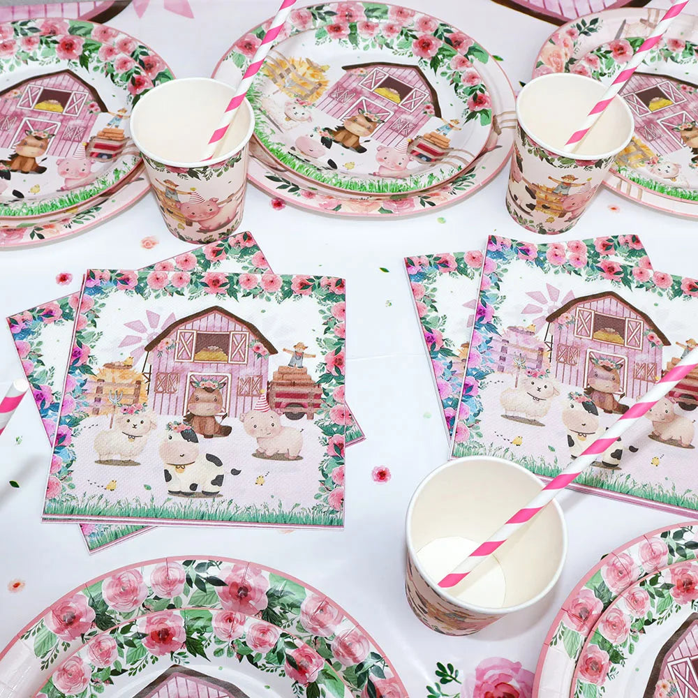 Pink Farm Animals Party Tableware & Decoration Set