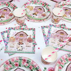 Pink Farm Animals Birthday Decor Disposable Tableware Set Paper Banner Floral Plates Baby Shower Girl Birthday Party Decorations