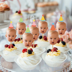 Custom Baby Photo Cupcake Toppers, Personalized Face Cake Picks with Party Hats for Kids 1st Birthday Party Decorations