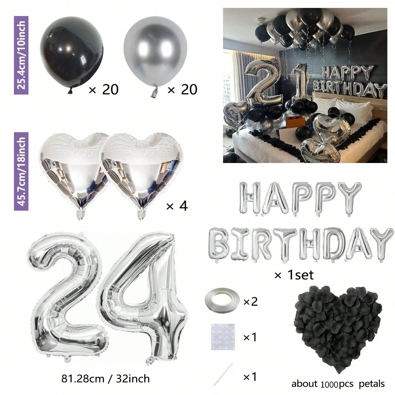 Black & Silver Birthday Party Balloon Decoration Set