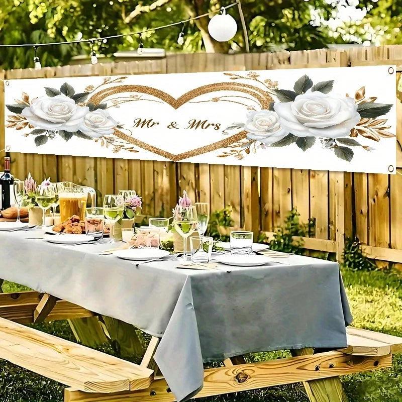 VIKAMA Mr & Mrs Wedding Banner, White Rose Gold Heart Backdrop, Bridal Shower Engagement Party Decor, Outdoor Garden Yard Sign