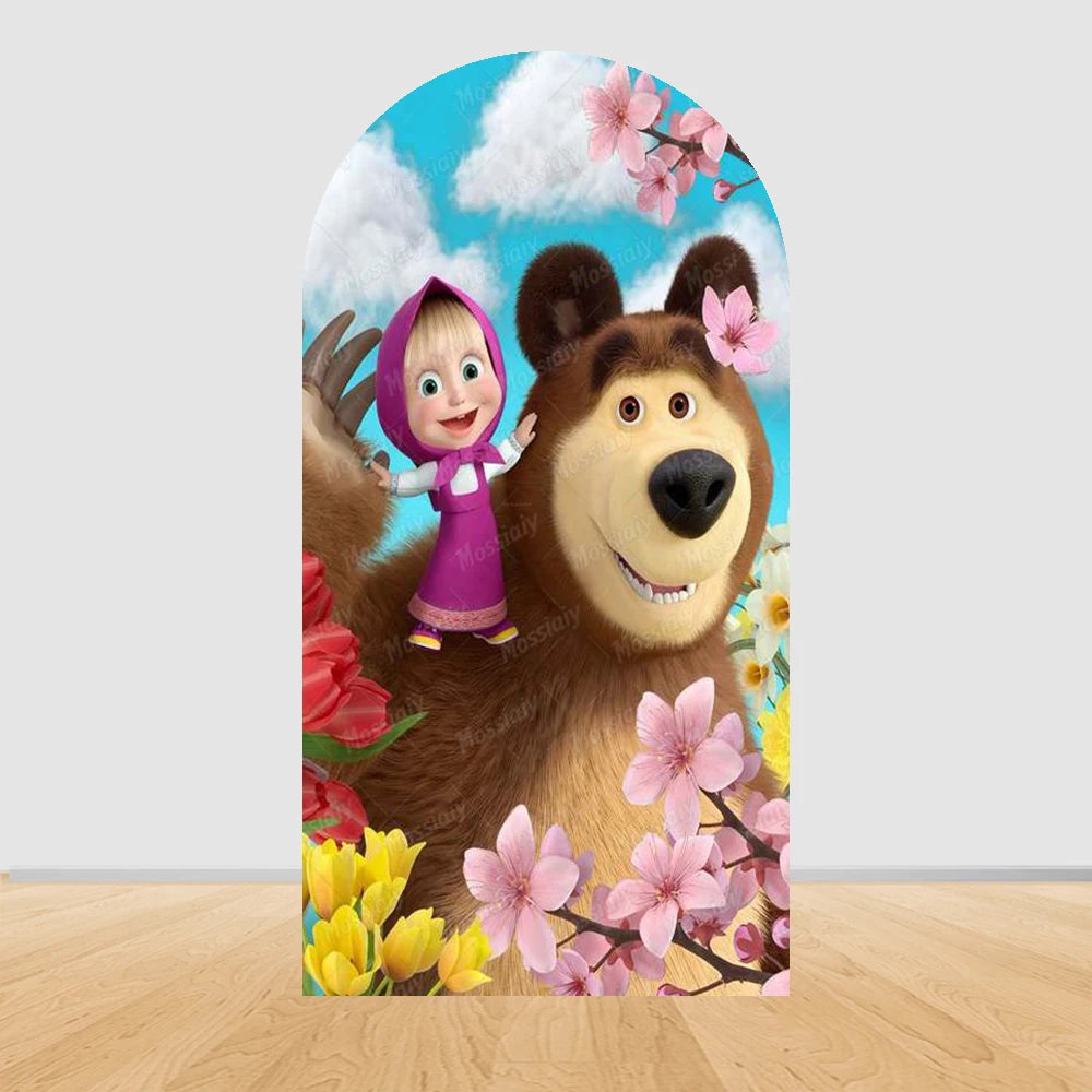 Children's Birthday Theme Arch Backdrop Girl and Bear Baby Shower Party Decor Kids Baptism Photo Photography Background Supplies