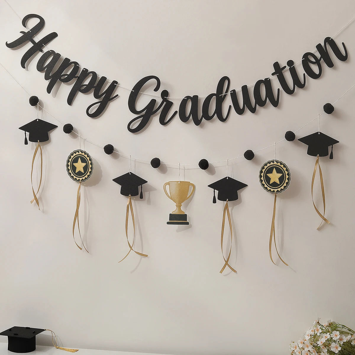2026 Graduation Decorations, Black and Gold Banner, Background Wall, Bow Hanging Ornaments