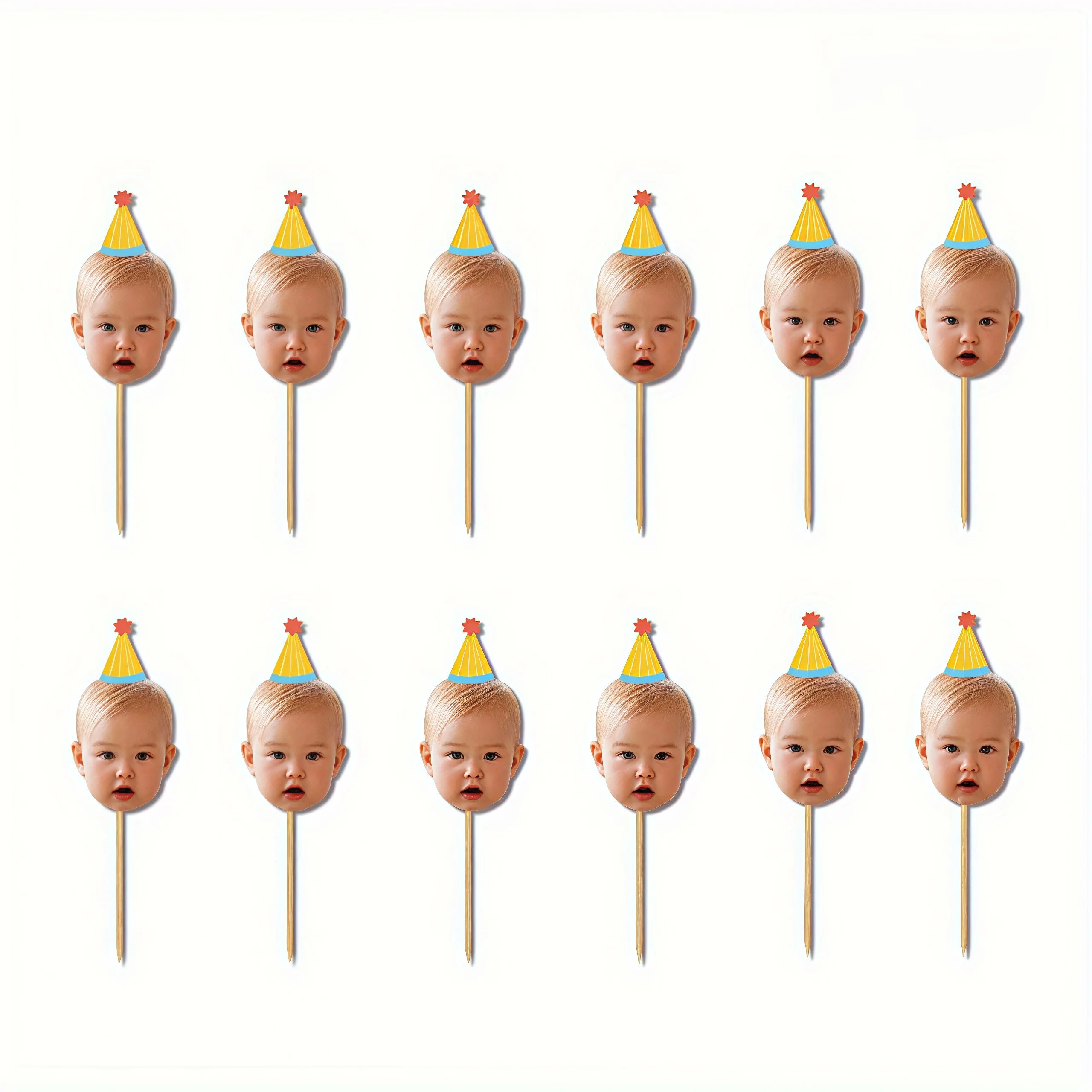 Custom Baby Photo Cupcake Toppers, Personalized Face Cake Picks with Party Hats for Kids 1st Birthday Party Decorations