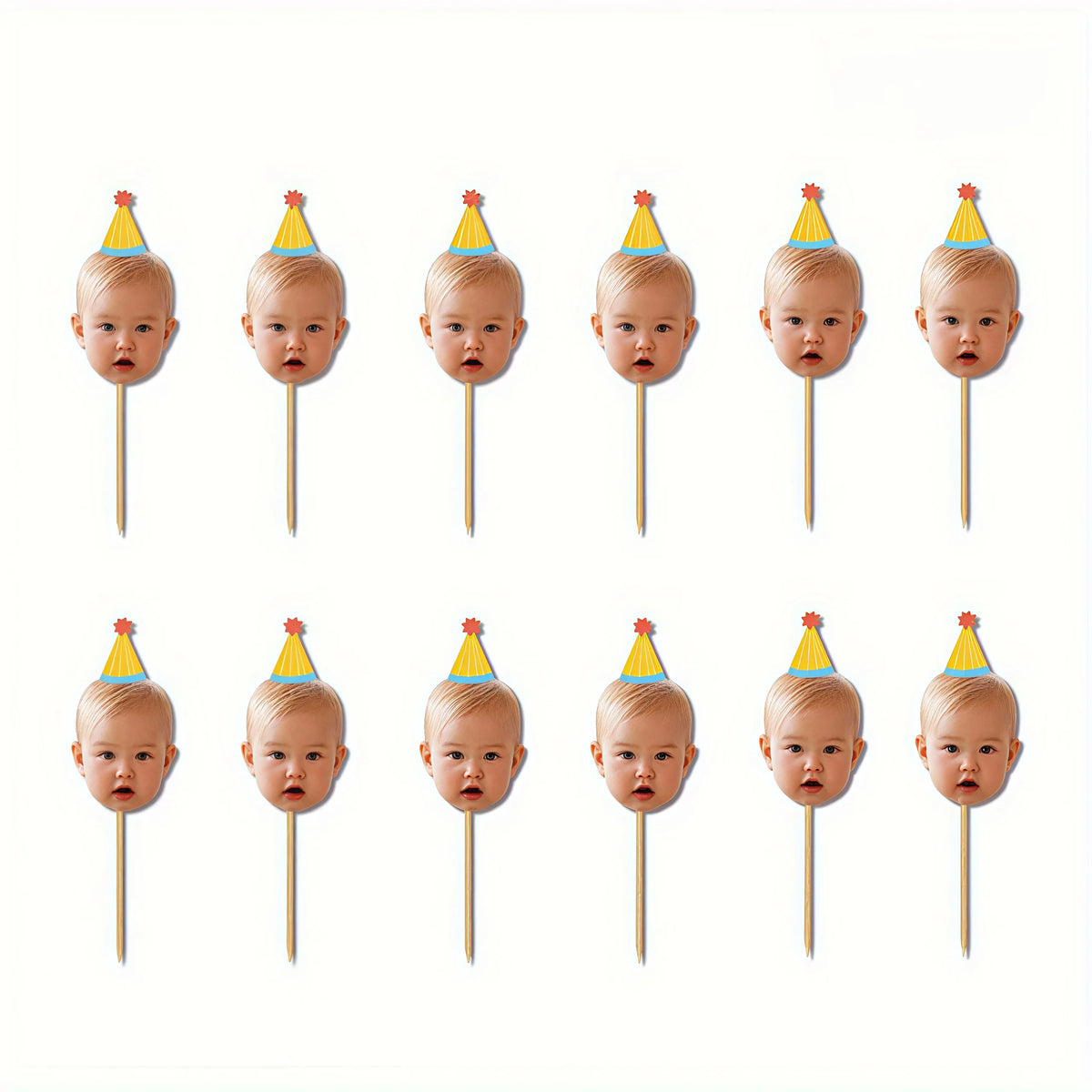 Custom Baby Photo Cupcake Toppers, Personalized Face Cake Picks with Party Hats for Kids 1st Birthday Party Decorations
