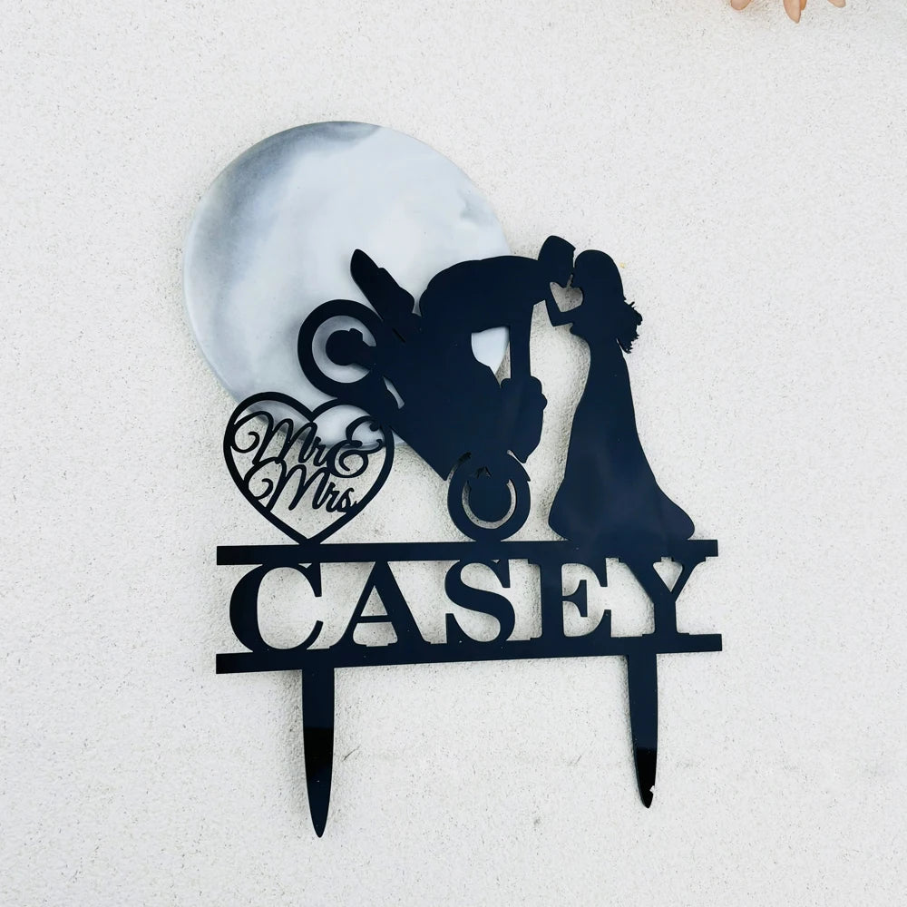 Personalized Cake Topper For Wedding Party Cake Decoration Topper Custom Couple Name Wedding  Bride Drags Groom From Motorcycle
