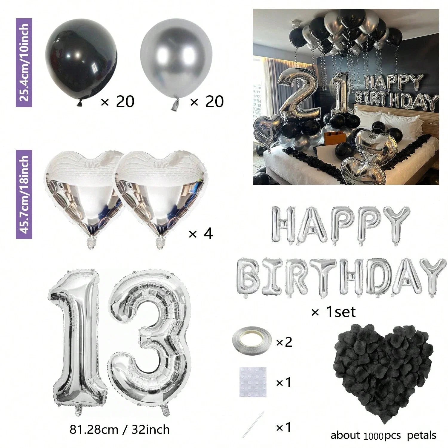 1050/21/200pcs Black & Silver Party Balloons Decorations, Silver Happy Birthday Banner, Chrome Silver Latex Balloons
