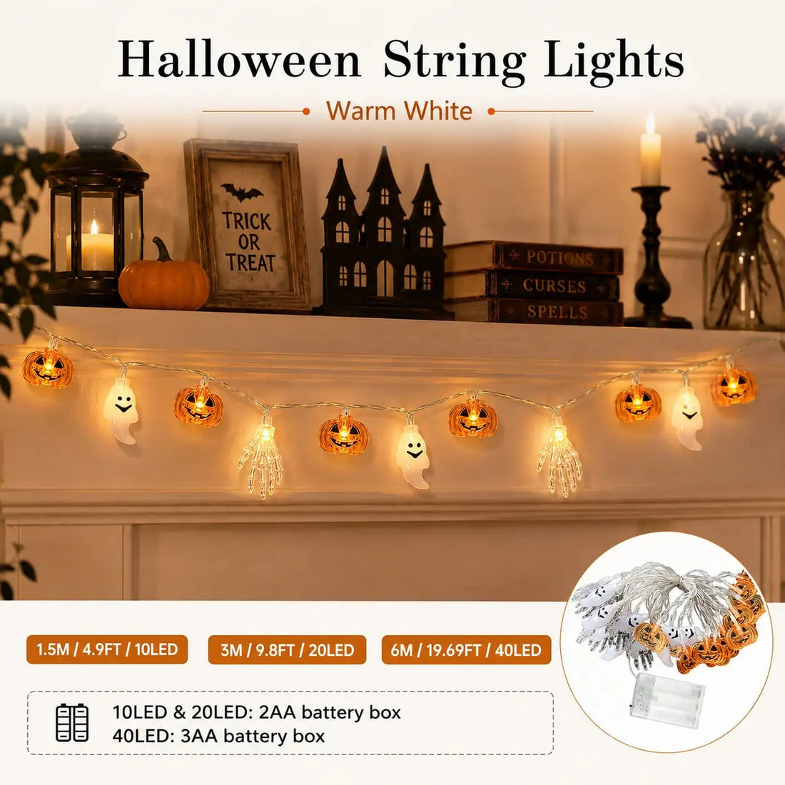 1pc 10/20/40 LED Halloween Pumpkin Ghost Skeleton Hand String Lights Battery Powered Fairy Lights For Home Party House Decor