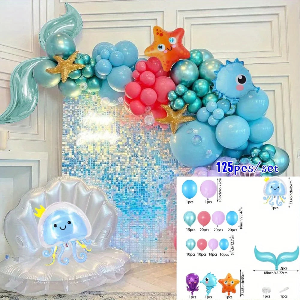 125pcs Marine Animal Themed Garland Arch Kit, Birthday Party Balloon Decoration, Anniversary Indoor and Outdoor Scene Decoration
