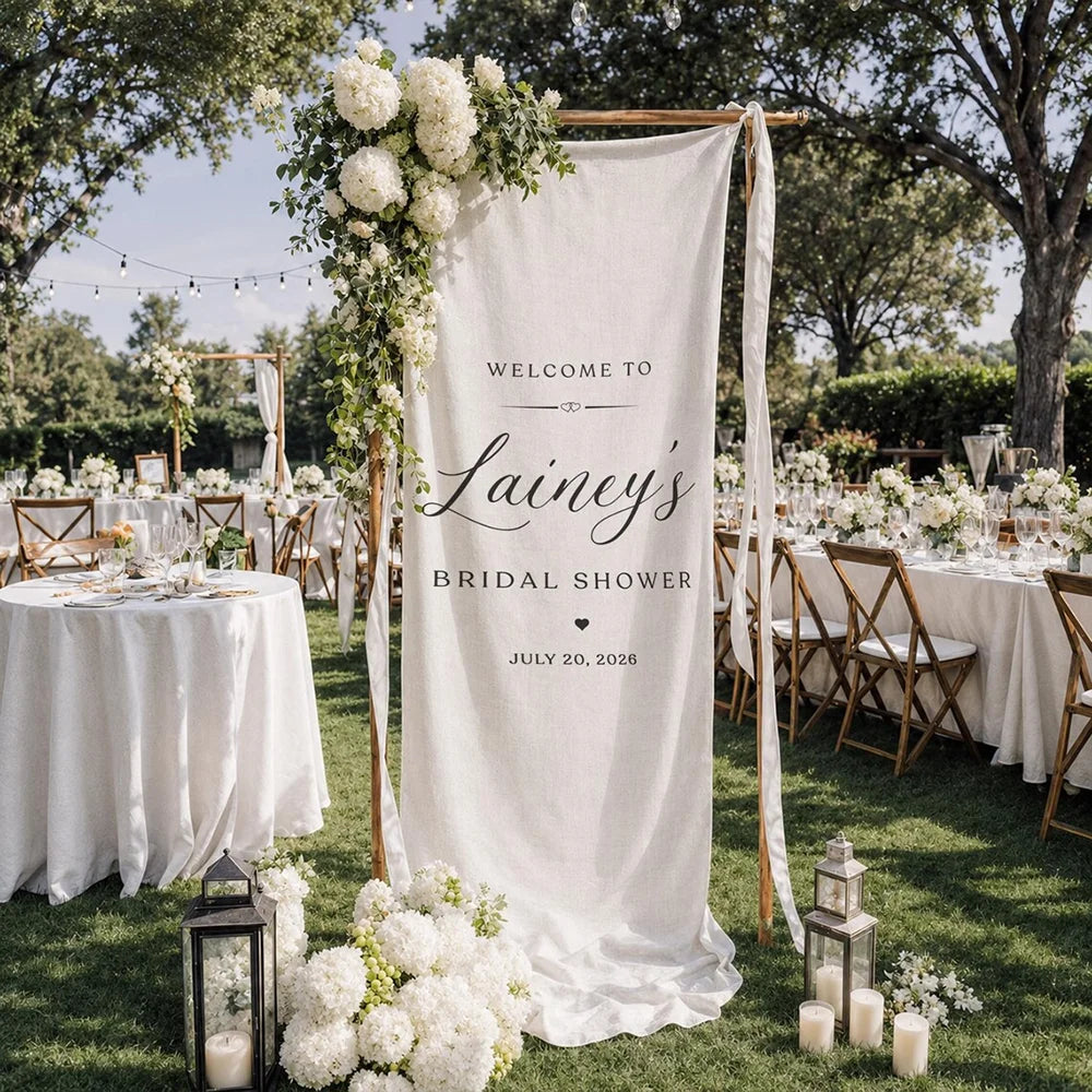 Personalized Bridal Shower Welcome Fabric Sign Boho Wedding Backdrop Banner Rustic Outdoor Engagement Party Bachelorette Decor