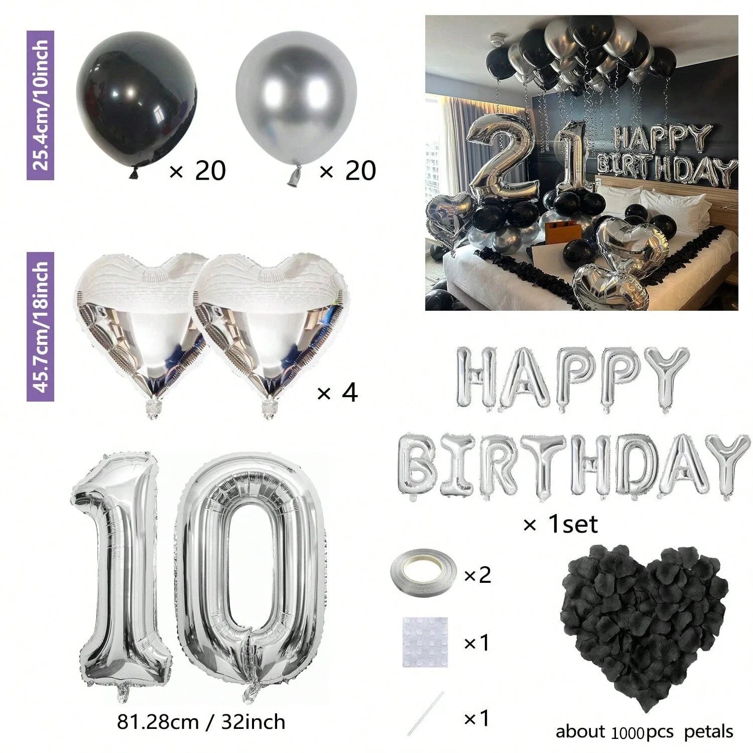 1050/21/200pcs Black & Silver Party Balloons Decorations, Silver Happy Birthday Banner, Chrome Silver Latex Balloons