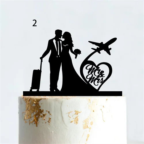 Mr & Mrs Travel Wedding Cake Topper World Map Bride Groom Acrylic Wood Voyage Wedding Theme Couples Anniversary Party Decoration