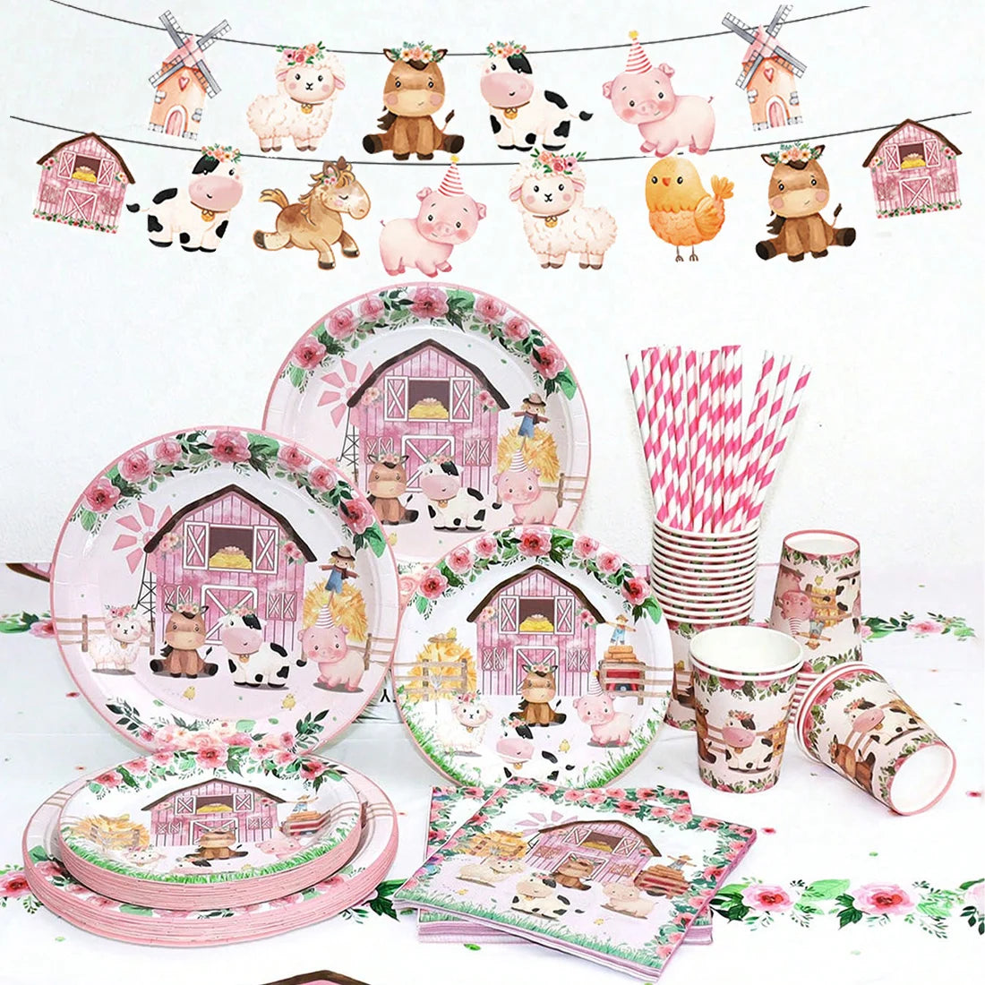Pink Farm Animals Party Tableware & Decoration Set
