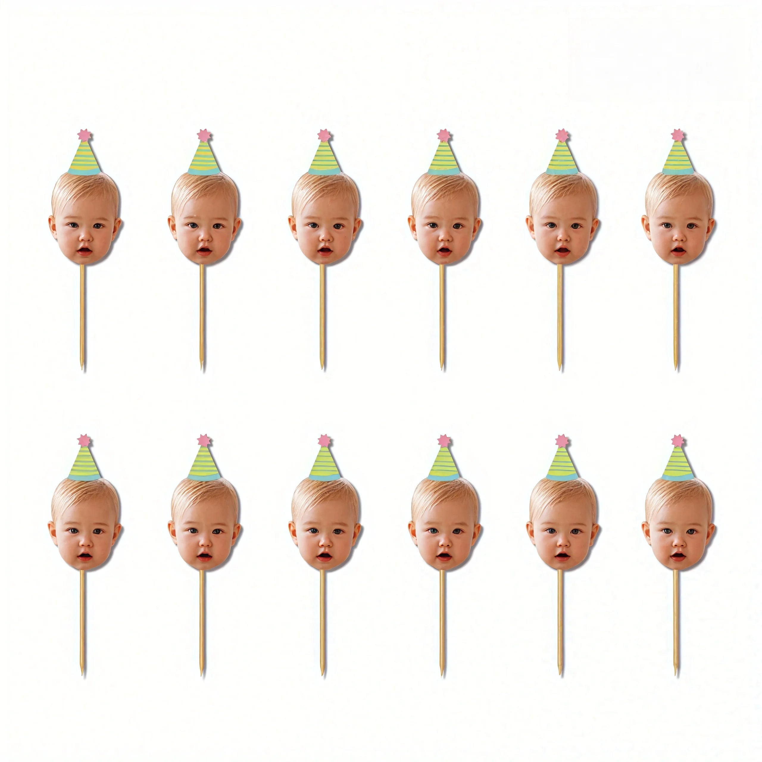 Custom Baby Photo Cupcake Toppers, Personalized Face Cake Picks with Party Hats for Kids 1st Birthday Party Decorations