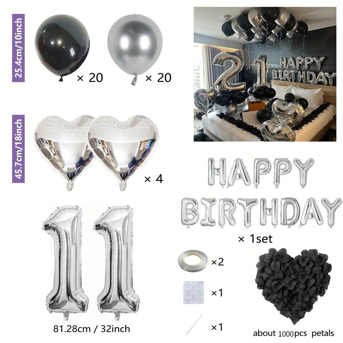 Black & Silver Birthday Party Balloon Decoration Set