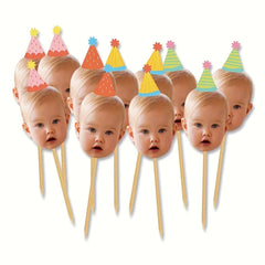 Custom Baby Photo Cupcake Toppers, Personalized Face Cake Picks with Party Hats for Kids 1st Birthday Party Decorations