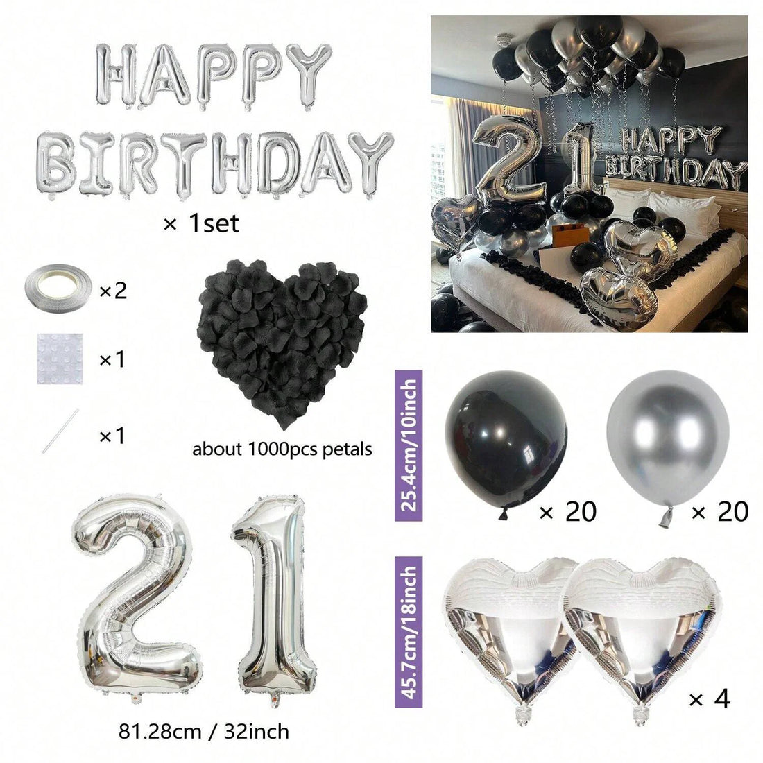 Black & Silver Birthday Party Balloon Decoration Set
