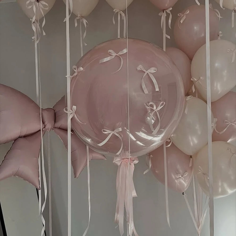 Pink Bow Love Balloon Set Transparent BOBO Balloon Pink Ribbon Bow for Birthday Wedding Shower Mother's Day Balloon Decoration