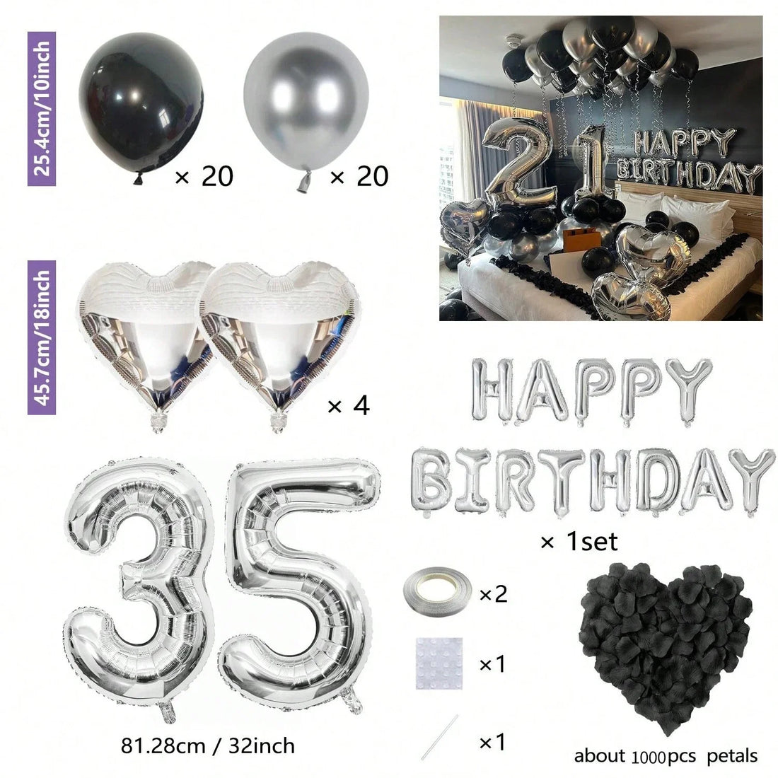 Black & Silver Birthday Party Balloon Decoration Set