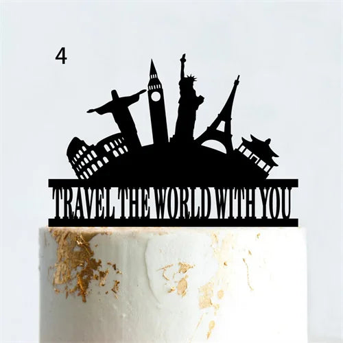 Mr & Mrs Travel Wedding Cake Topper World Map Bride Groom Acrylic Wood Voyage Wedding Theme Couples Anniversary Party Decoration