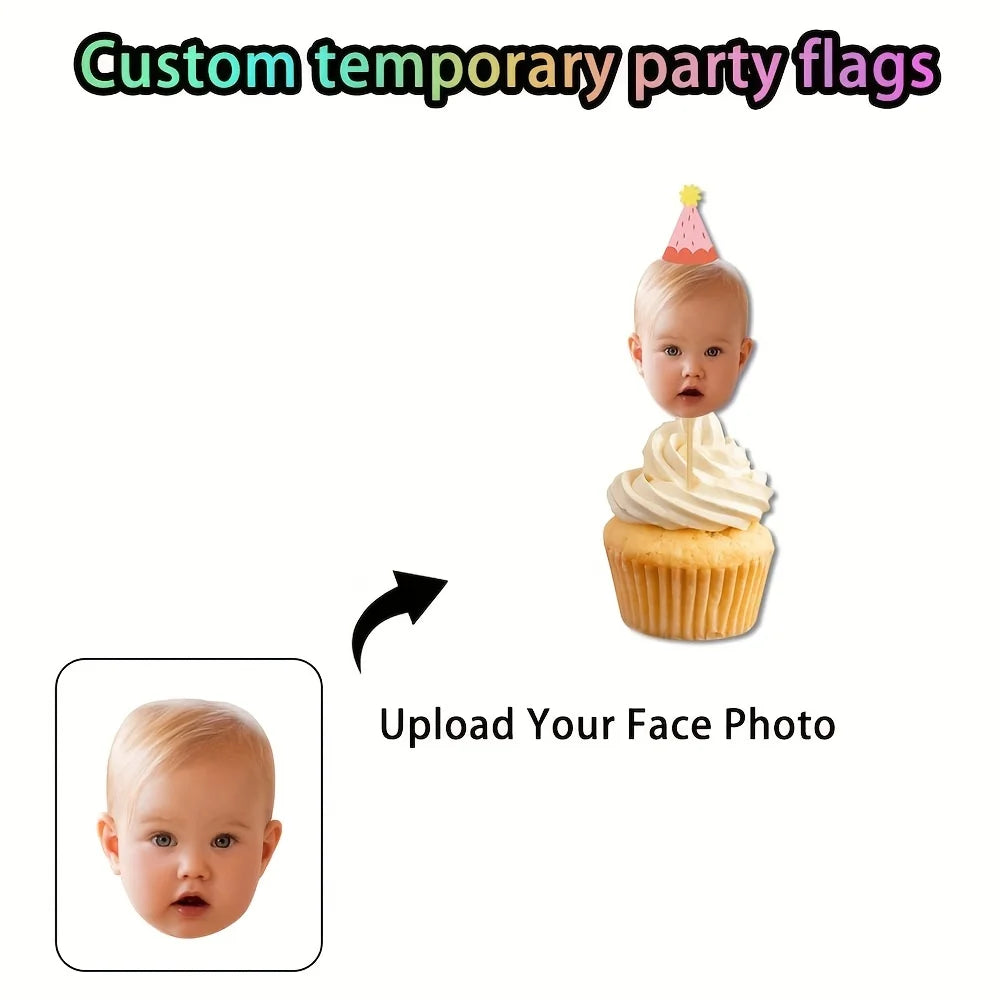 Custom Baby Photo Cupcake Toppers, Personalized Face Cake Picks with Party Hats for Kids 1st Birthday Party Decorations