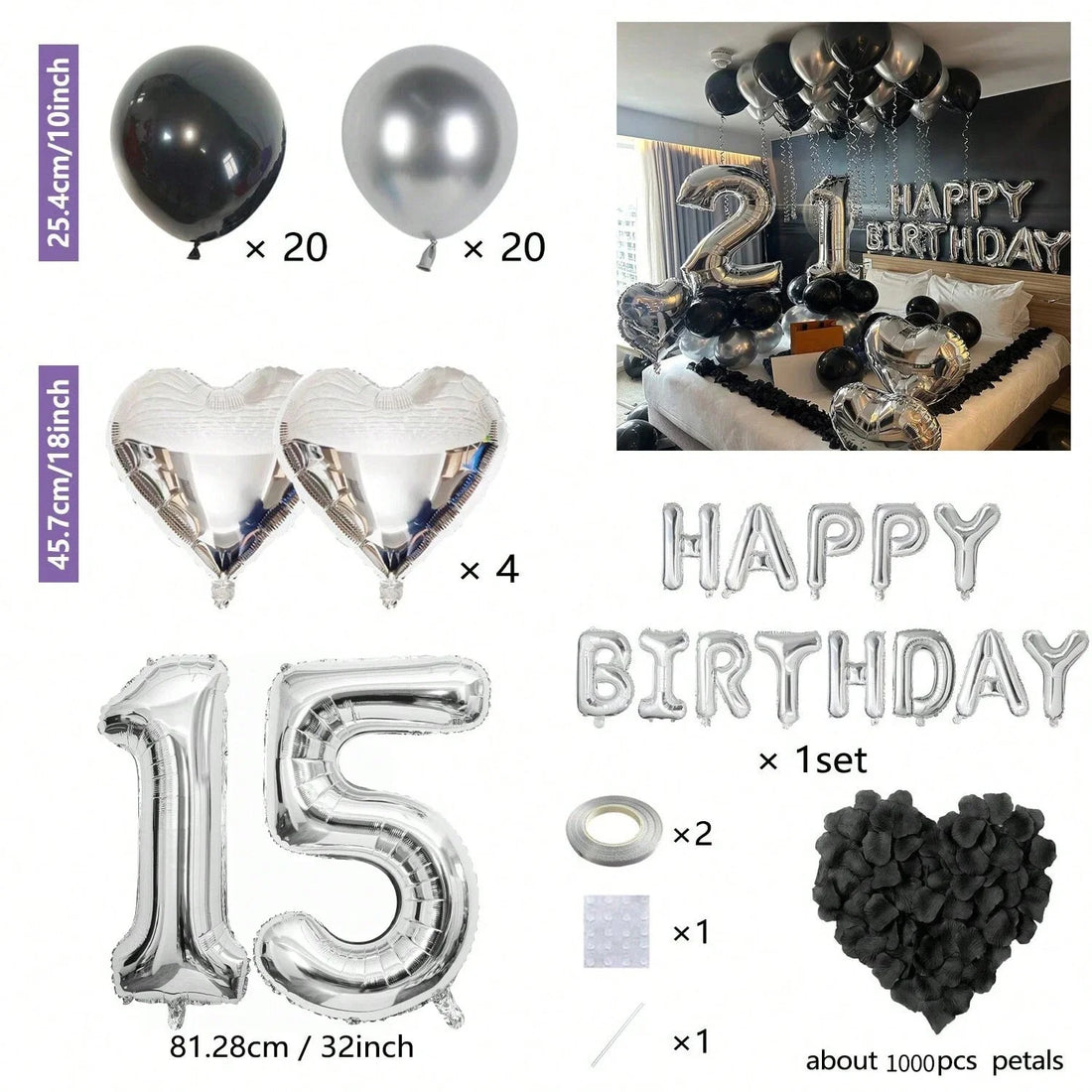 Black & Silver Birthday Party Balloon Decoration Set