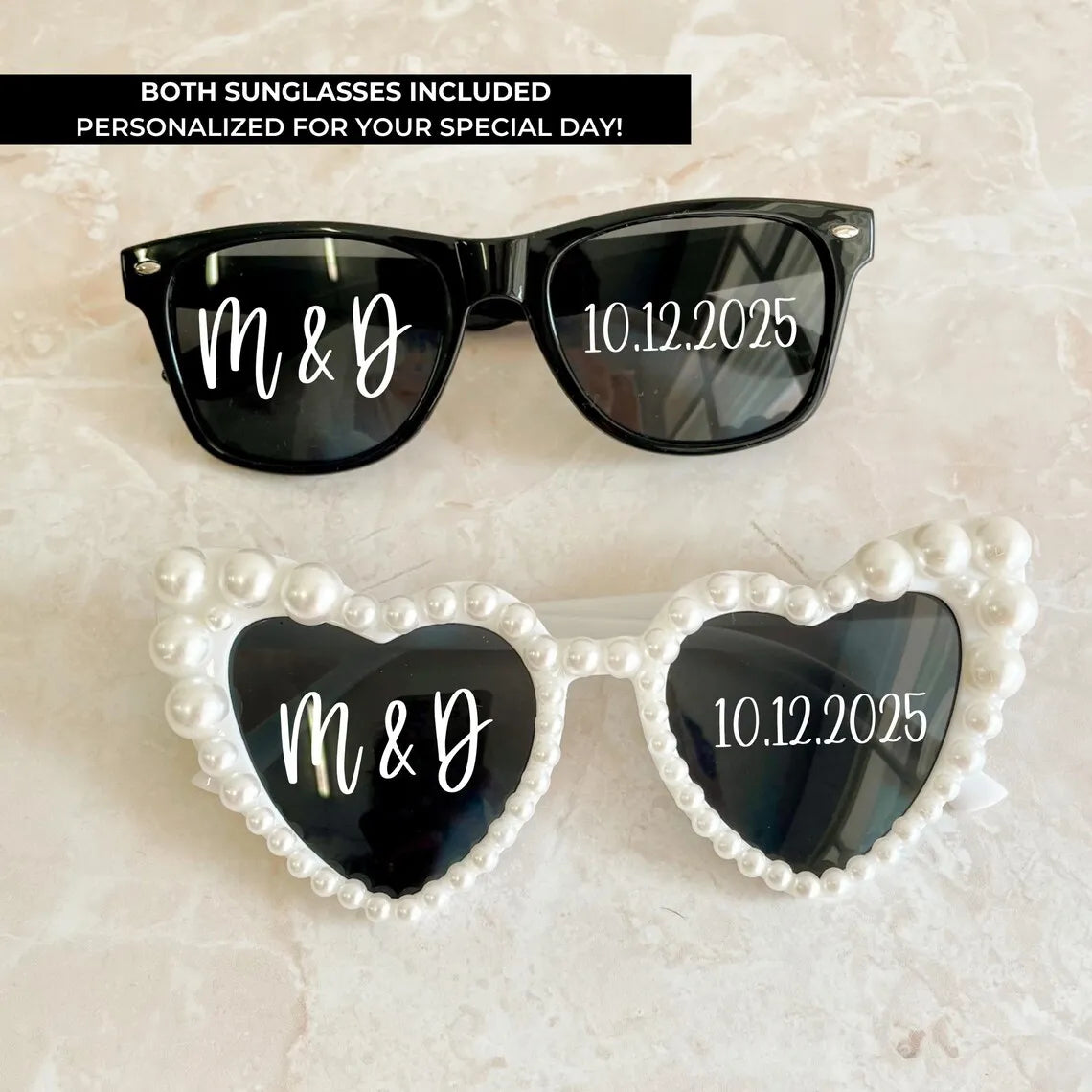 Personalised Set of 2 Black and White Pearl Heart Sunglasses Custom Initials Heart Sunglasses Wedding Photo Prop Bridal Shower