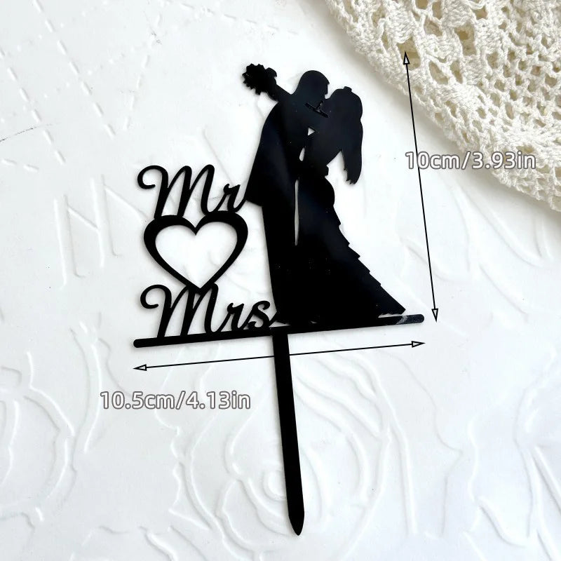 Ins Mr&Mrs Happy Wedding Cake Topper Black Acrylic Bride Groom Valentine's Day Party Cake Topper Wedding Gift Dessert Decoration